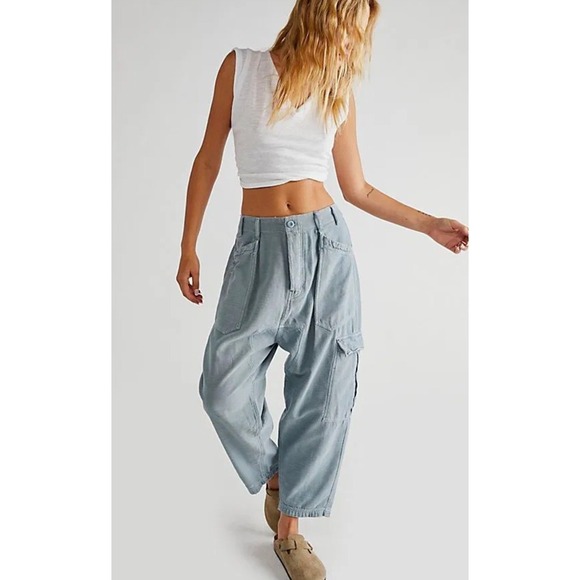 Free People Pants - Free People Blue Grey Slub Texture Utility Cargo Pants XS Relaxed Tapered Leg